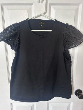 kate spade Black Cotton Tee with Eyelet Flutter Sleeves